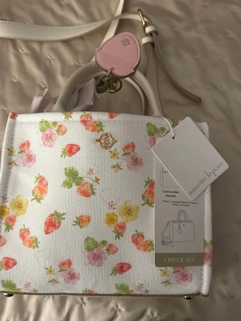 Nanette Lepore Floral Convertible Satchel in White with Pink & Green Accents